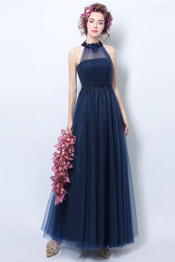 Halter Sleeveless Floral Appliques Evening Party Dress Aline Floor Length Bridesmaid Dress
