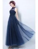 Navy A-line Halter Floor-length Bridesmaid Dress With Appliques Lace