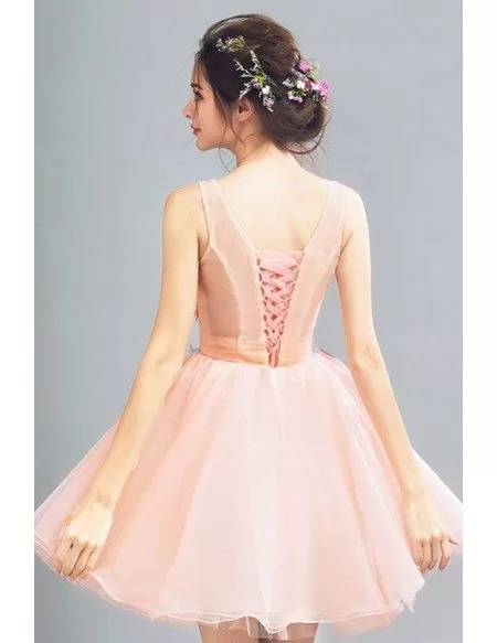 Peach Ball-gown Scoop Neck Short Organza Formal Dress With Flowers
