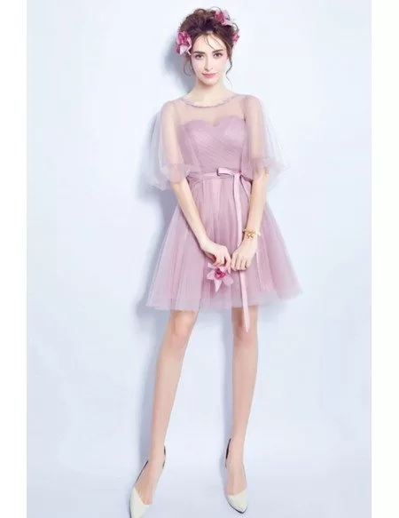 Pink A-line Scoop Neck Bridesmaid Dress With Sleeves