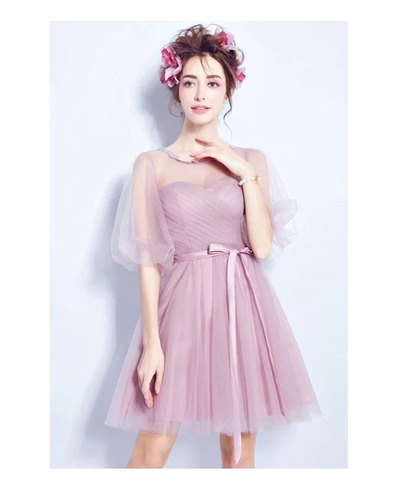 Pink A-line Scoop Neck Bridesmaid Dress With Sleeves #TJ031 $99 ...
