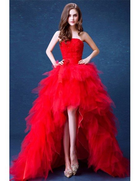 Red Ball-gown Strapless High Low Wedding Dress With Cascading Ruffles