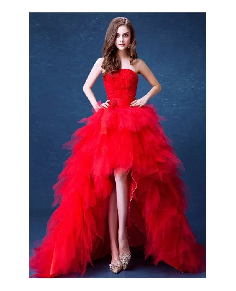 red ruffle high low dress
