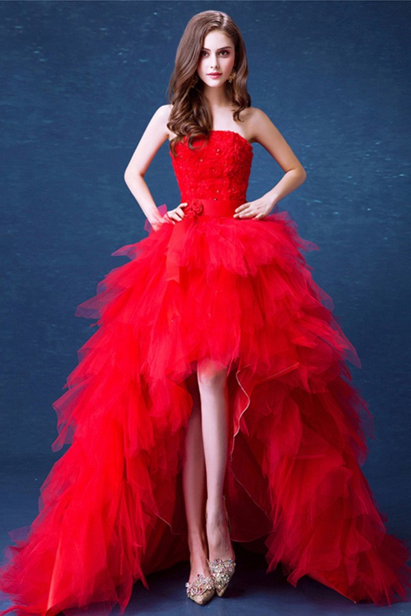 Poofy Red High Low Wedding Dresses With Train Ruffles Strapless Style