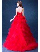 Red Ball-gown Strapless High Low Wedding Dress With Cascading Ruffles