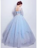 Blue Ball-gown Scoop Neck Floor-length Wedding Dress With Flowers