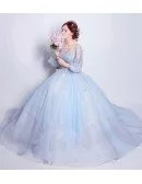 Blue Ball-gown Scoop Neck Floor-length Wedding Dress With Flowers