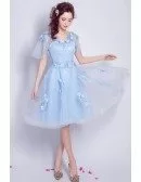 Blue A-line V-neck Knee-length Tulle Formal Dress With Flowers