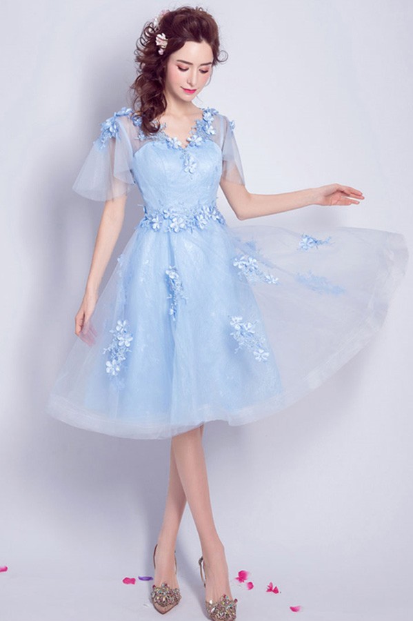 Elegant Blue Knee Length Tulle Homecoming Dress Flowy A Line V Neck With Flowers Tj037 99 Gemgrace Com