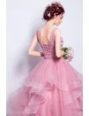 Pink Ball-gown Scoop Neck Floor-length Tulle Wedding Dress With Appliques Lace
