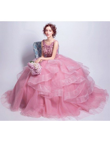 Pink Ball-gown Scoop Neck Floor-length Tulle Wedding Dress With ...