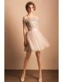 Grey A-line Off-the-shoulder Short Tulle Formal Dress With Appliques Lace