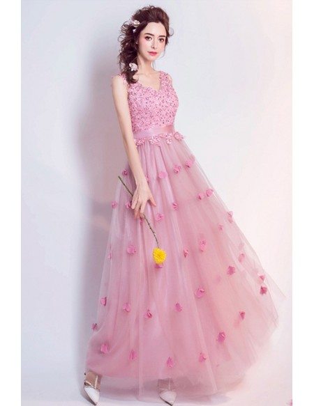 Romantic A-line V-neck Floor-length Tulle Wedding Dress With Flowers