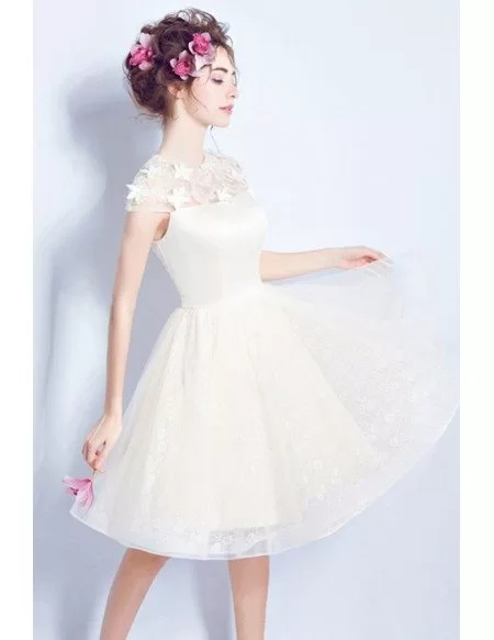 Champagne A-line High Neck Knee-length Tulle Wedding Dress With Flowers