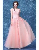 Pink A-line V-neck Floor-length Tulle Wedding Dress With Appliques Lace