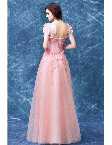Pink A-line V-neck Floor-length Tulle Wedding Dress With Appliques Lace