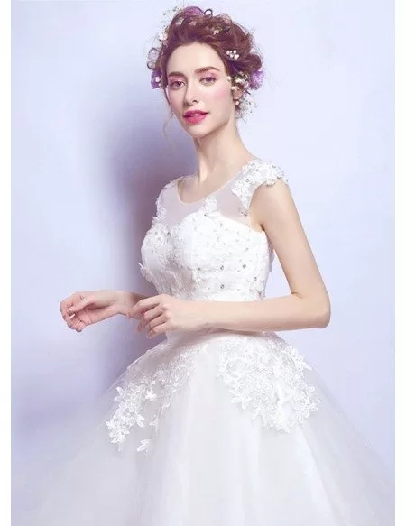 Vintage A-line Scoop Neck Tea-length Tulle Wedding Dress With Appliques Lace