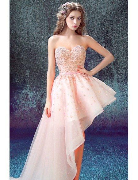 Pink Ball-gown Sweetheart High Low Prom Dress With Flowers #TJ048 $149 ...
