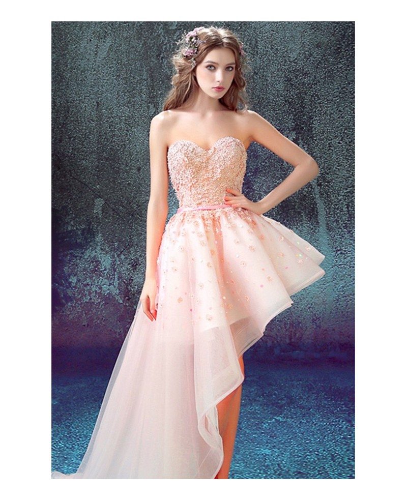 Pink Ball Gown Sweetheart High Low Prom Dress With Flowers Tj048 149