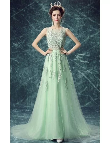 Green A-line Scoop Neck Floor-length Tulle Wedding Dress With Appliques Lace