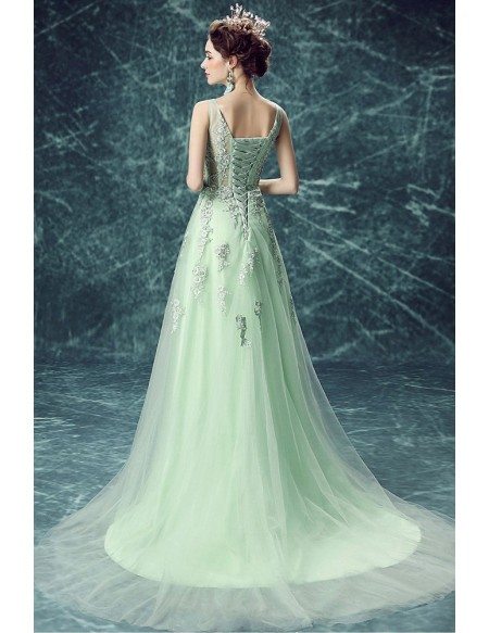 Green A-line Scoop Neck Floor-length Tulle Wedding Dress With Appliques Lace