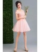 Pink A-line Off-the-shoulder Short Tulle Formal Dress With Appliques Lace
