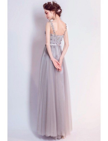Grey A-line Scoop Neck Floor-length Tulle Formal Dress With Flowers