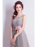 Grey A-line Scoop Neck Floor-length Tulle Formal Dress With Flowers