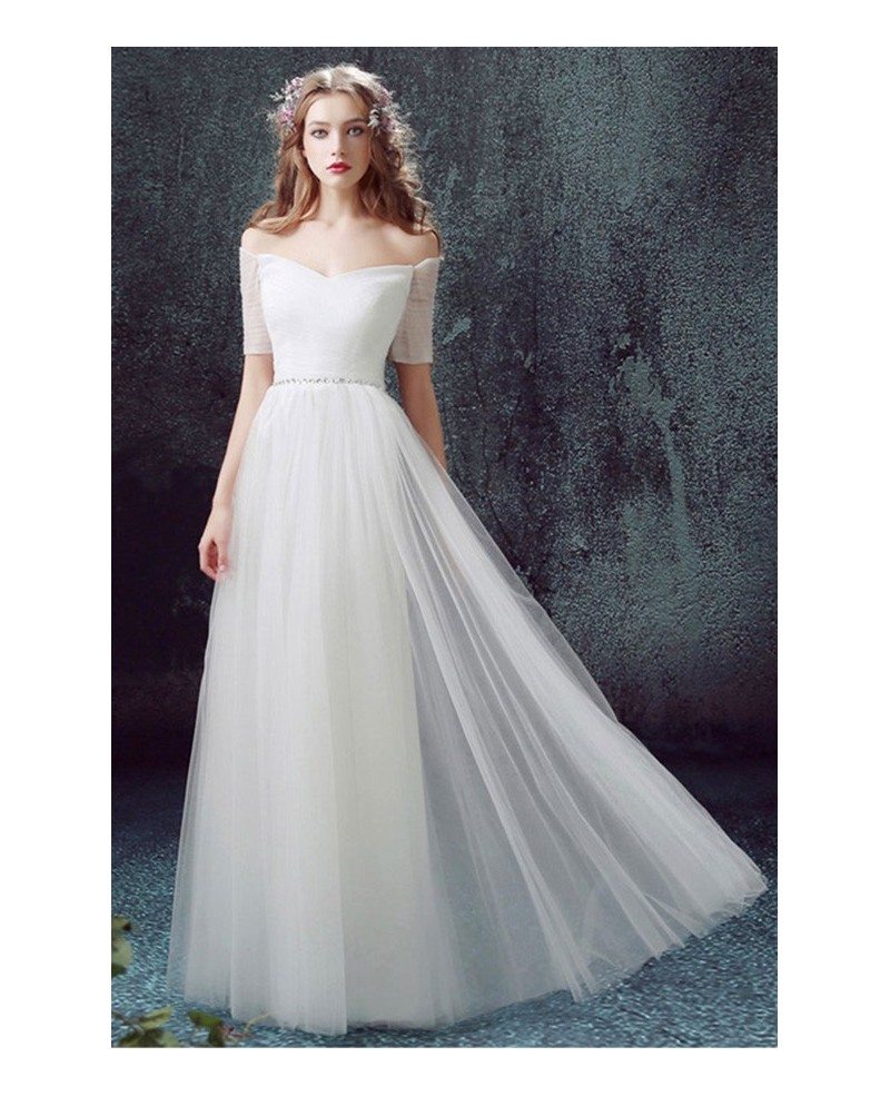 Simple A line Off the shoulder Floor length Tulle Wedding Dress With Sleeves TJ055 149