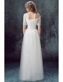 Simple A-line Off-the-shoulder Floor-length Tulle Wedding Dress With Sleeves