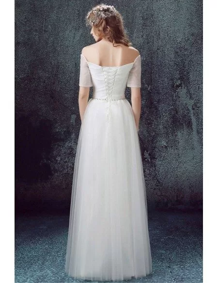 Simple A-line Off-the-shoulder Floor-length Tulle Wedding Dress With Sleeves