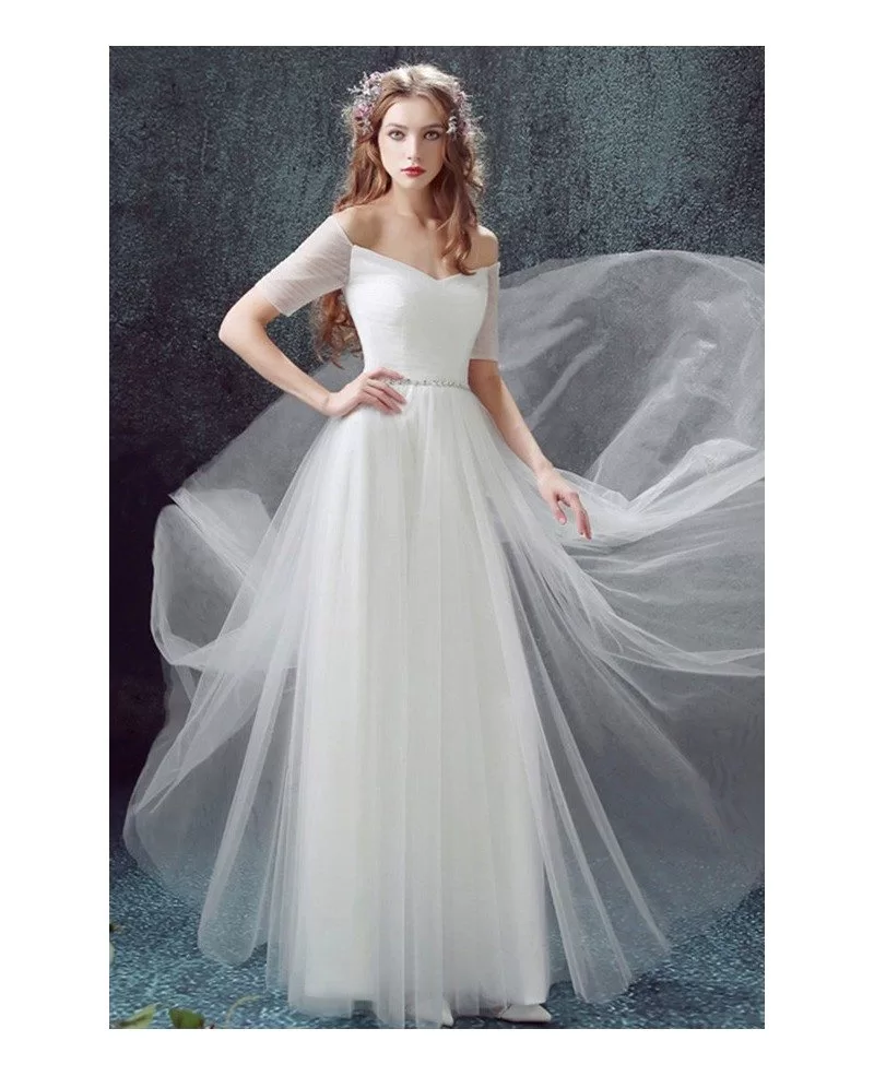 Simple A-line Off-the-shoulder Floor-length Tulle Wedding Dress With ...
