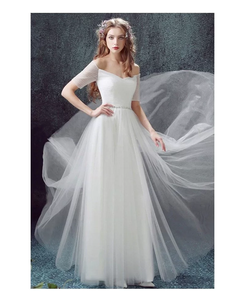 Simple A line Off the shoulder Floor length Tulle Wedding Dress With Sleeves TJ055 149