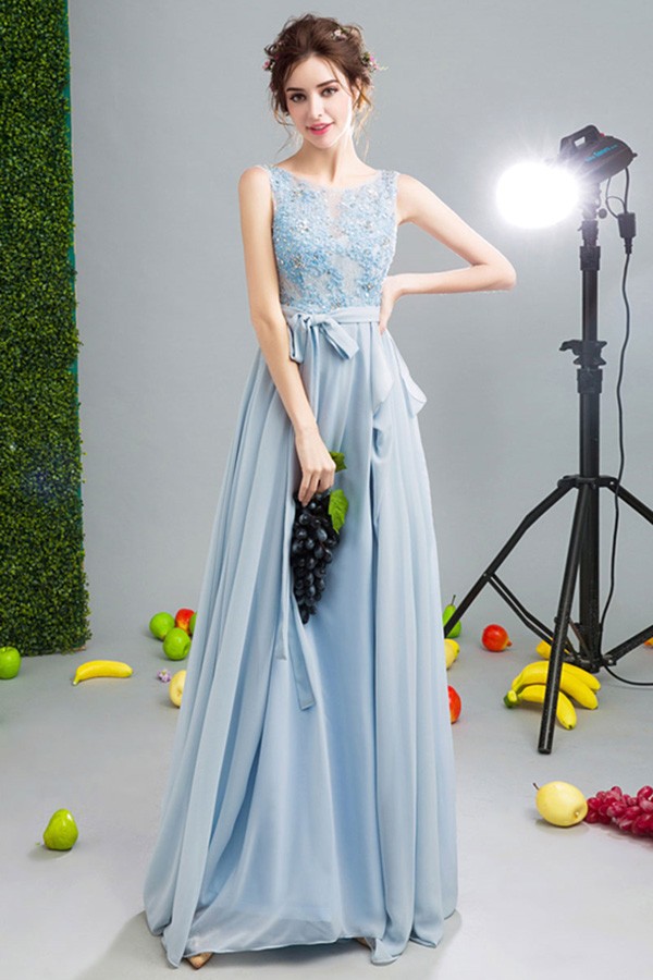 Blue Aline Scoop Neck Floorlength Chiffon Formal Dress With Appliques