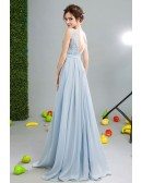 Blue A-line Scoop Neck Floor-length Chiffon Formal Dress With Appliques Lace