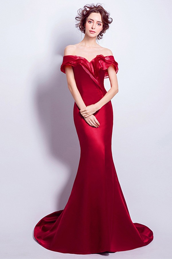 Wine Red Mermaid Off-the-shoulder Sweep Train Satin Evening Dress #TJ057  $160 - GemGrace.com