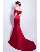 Wine Red Mermaid Off-the-shoulder Sweep Train Satin Evening Dress
