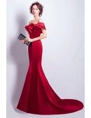 Wine Red Mermaid Off-the-shoulder Sweep Train Satin Evening Dress