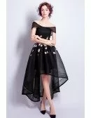 Black A-line Off-the-shoulder High Low Tulle Formal Dress With Embroidery