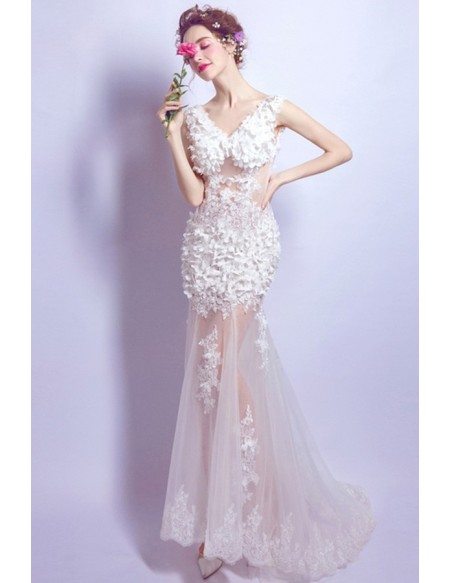 Sexy Mermaid V-neck Sweep Train Tulle Wedding Dress With Flowers