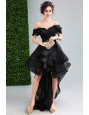 Black Ball-gown Off-the-shoulder High Low Organza Formal Dress With Lace