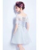 Blue A-line Off-the-shoulder Short Tulle Formal Dress With Appliques Lace