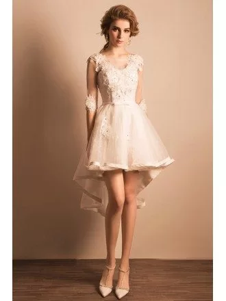 Beautiful A-line V-neck High Low Tulle Wedding Dress With Appliques Lace