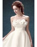 Simple A-line Strapless High Low Satin Wedding Dress With Flowers