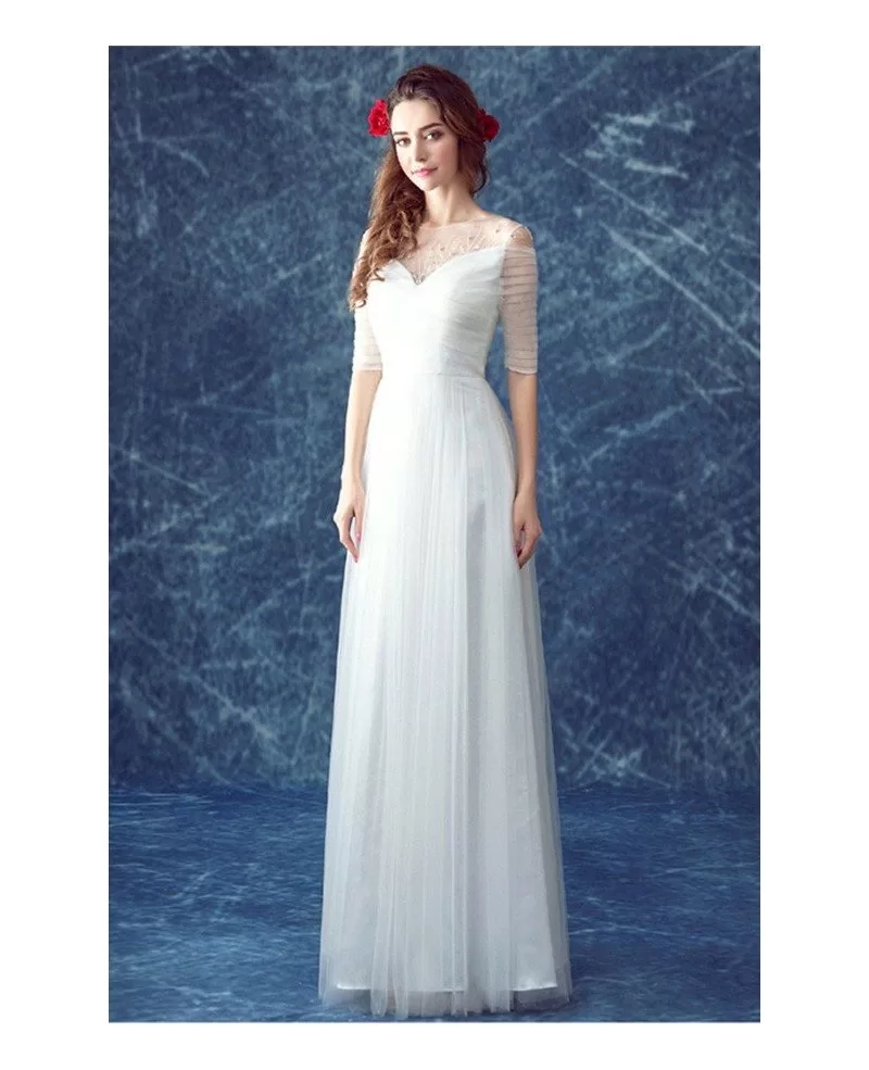 Simple A-line Scoop Neck Floor-length Tulle Wedding Dress With Beading ...