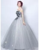 Dusty Grey Ball-gown Strapless Floor-length Tulle Wedding Dress With Flowers