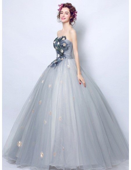 Dusty Grey Ball-gown Strapless Floor-length Tulle Wedding Dress With Flowers