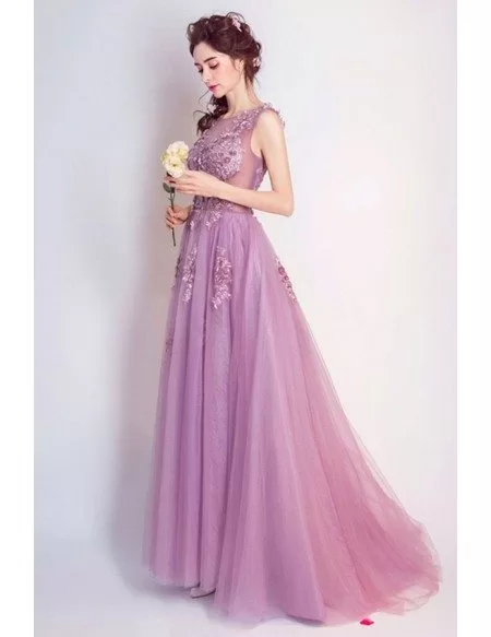 Purple A-line Scoop Neck Floor-length Tulle Formal Dress With Appliques Lace