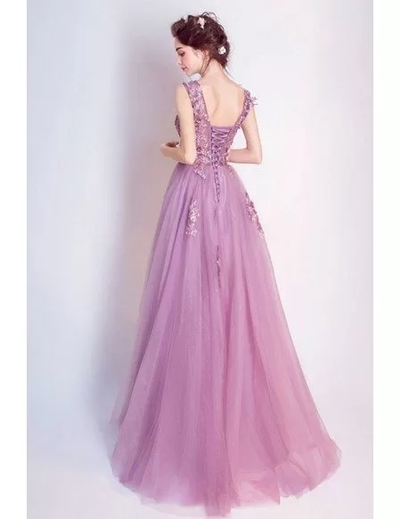 Purple A-line Scoop Neck Floor-length Tulle Formal Dress With Appliques Lace