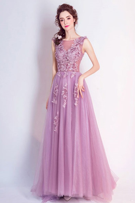 Purple A-line Scoop Neck Floor-length Tulle Formal Dress With Appliques ...